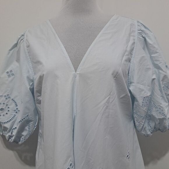 Ganni Broderie Anglaise Puff Sleeve Organic Cotton Mini Dress Illusion Blue S 42 - Picture 16 of 17